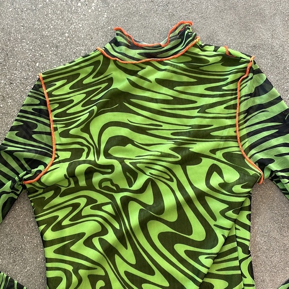 Green / black swirl mesh body con long sleeve mini dress with orange stitching - Picture 3 of 3